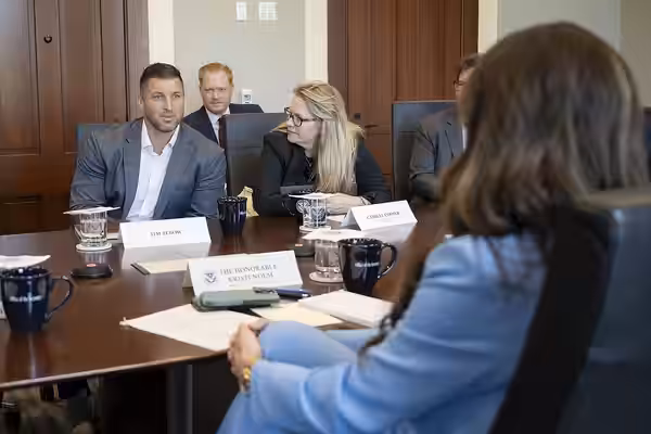Department of Homeland Security (DHS) Secretary Kristi Noem meets with Tim Tebow and others in the fight against human trafficking at DHS Headquarters in Washin (2025)