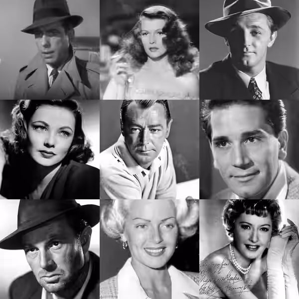Montage of Actors who acting in film noire: from top left to bottom Humphrey Bogart, Rita Hayworth, Robert Mitchum, Gene Tierney, Alan Ladd, Richard Conte, Ster (2021)