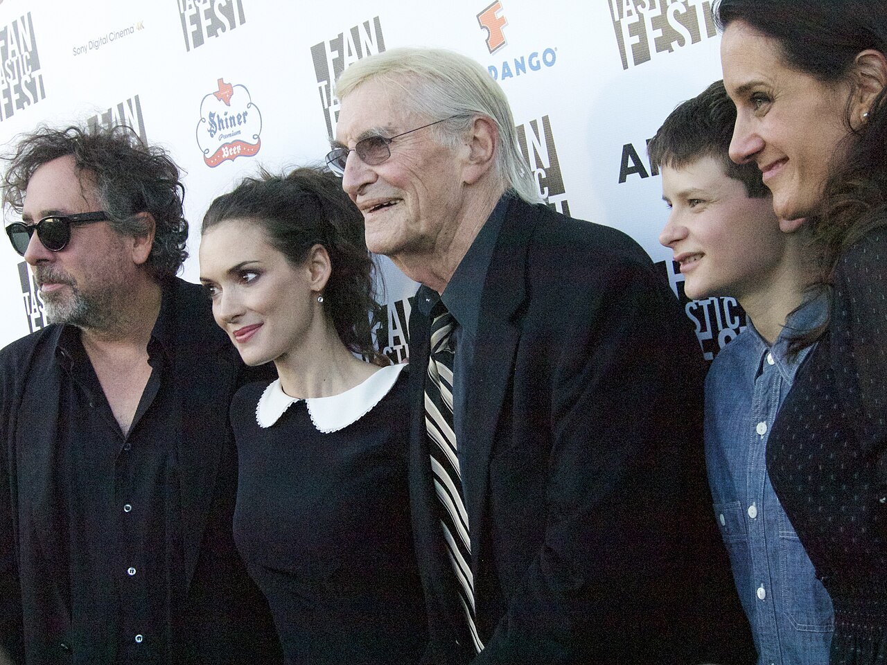 Tim Burton, Winona Ryder, Martin Landau, Charlie Tahan and Allison Abbate at the "Frankenweenie" premiere at the Fantastic Fest in Austin, Texas. (2012)