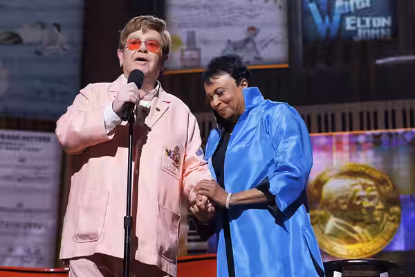 Librarian of Congress Carla Hayden awards the 2024 Gershwin Prize for Popular Song to Elton John and Bernie Taupin during a tribute concert at DAR Constitution 