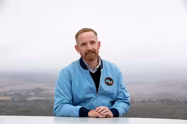 Marc Evan Jackson, actor, "Landsat Steve" in Kong: Skull Island, participates in the launch broadcast for the Landsat 9 mission on Sept. 27, 2021, at Vandenberg