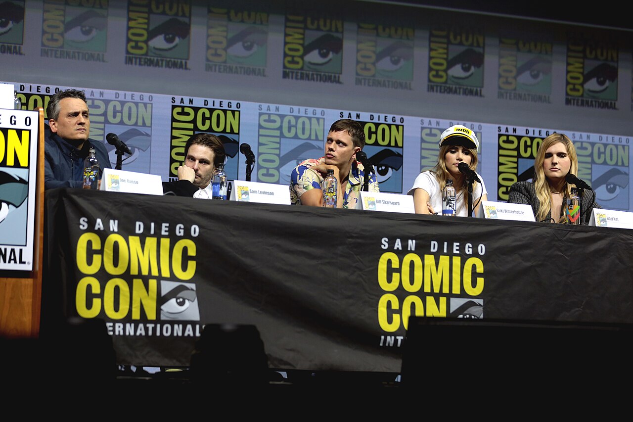 Joe Russo, Sam Levinson, Bill Skarsgård, Suki Waterhouse and Hari Nef speaking at the 2018 San Diego Comic Con International, for "Assassination Nation", at the