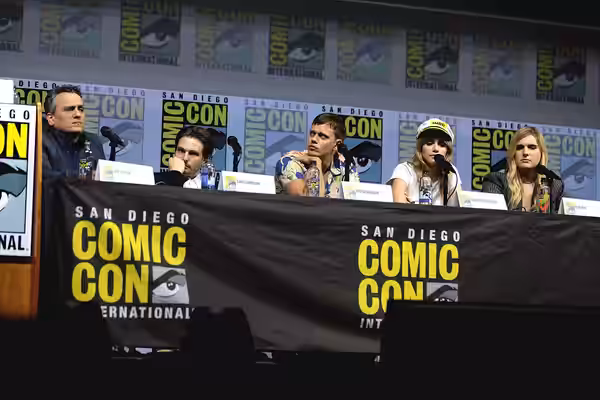 Joe Russo, Sam Levinson, Bill Skarsgård, Suki Waterhouse and Hari Nef speaking at the 2018 San Diego Comic Con International, for "Assassination Nation", at the