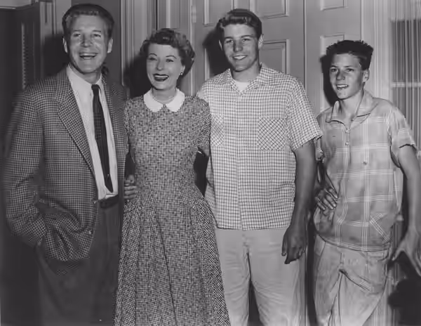 Publicity photo of American actors, (L–R) Ozzie Nelson, Harriet Nelson, David Nelson and Ricky Nelson promoting their roles on the ABC television series The Adv