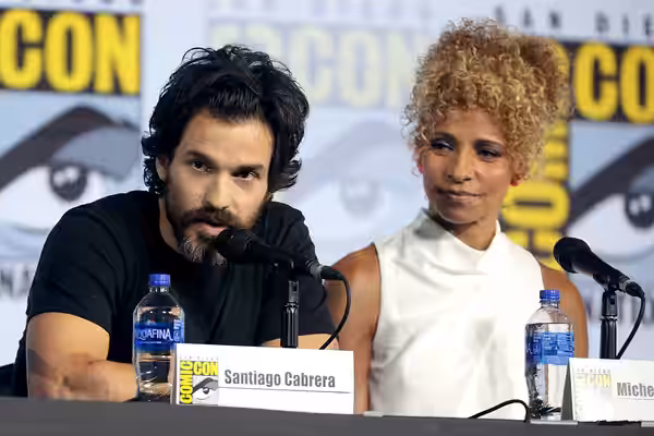 Santiago Cabrera and Michelle Hurd speaking at the 2019 San Diego Comic Con International, for "Star Trek: Picard", at the San Diego Convention Center in San Di