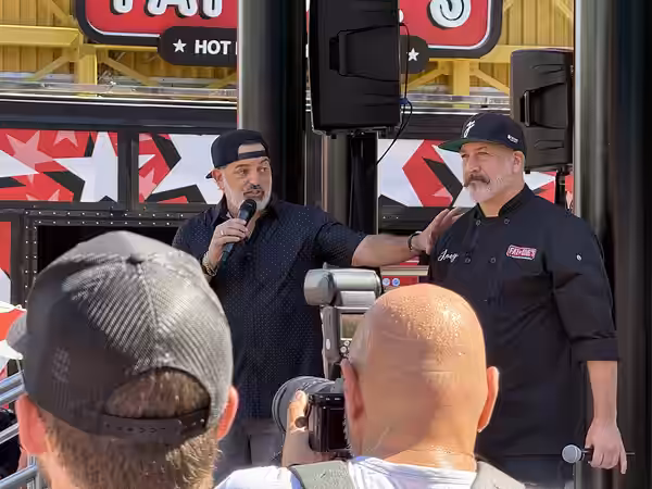 Joe Mulvihill and Joey Fatone at the grand opening of a Fat Ones Hot Dogs &amp; Italian Ice restaurant at Universal CityWalk in Orlando, Florida. Fatone previou (2026)