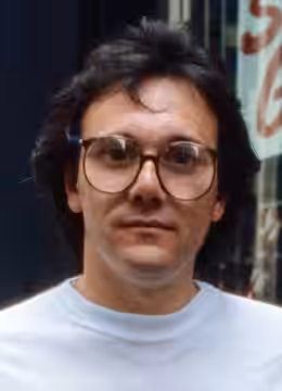 British music producer, label and recording studio owner, songwriter, singer and bassist, Trevor Horn, in New York City in 1984 Original description: Title: Tre