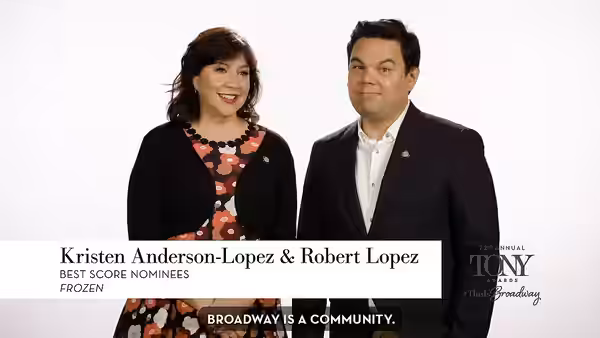 Lyricists and composers Kristen Anderson-Lopez and Robert Lopez promoting the 2018 Tony Awards in May 2018.