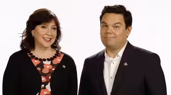 Lyricists and composers Kristen Anderson-Lopez and Robert Lopez promoting the 2018 Tony Awards in May 2018.