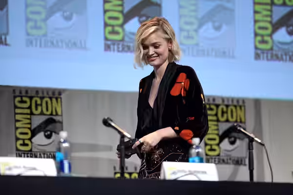 Bella Heathcote speaking at the 2015 San Diego Comic Con International, for "Pride and Prejudice and Zombies", at the San Diego Convention Center in San Diego, 