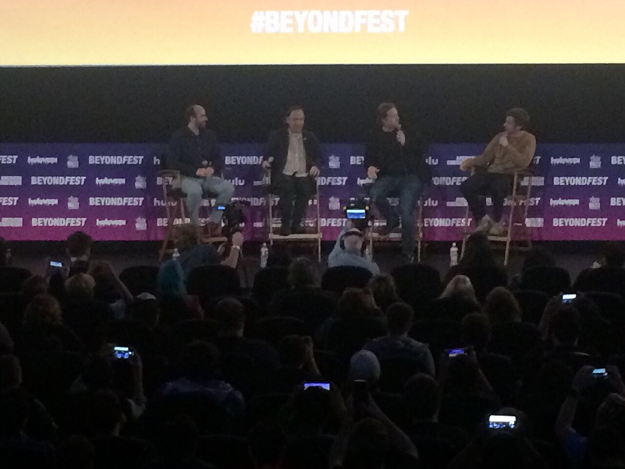 Nathan Fielder, Tim Heidecker, Eric Notarnicola, and Gregg Turkington at the Mister America panel. (2019)