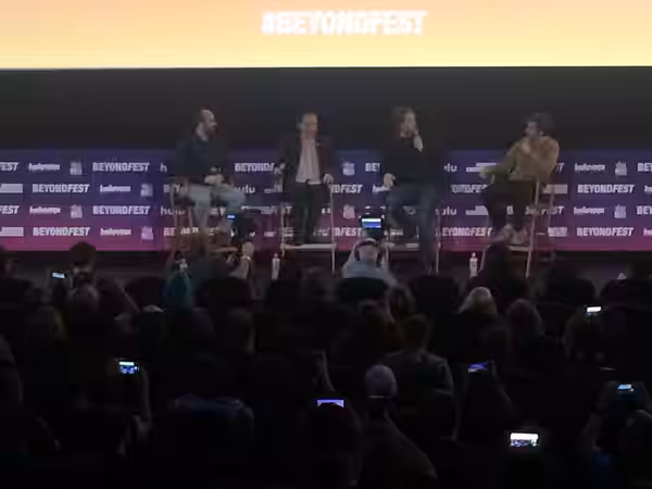 Nathan Fielder, Tim Heidecker, Eric Notarnicola, and Gregg Turkington at the Mister America panel. (2019)