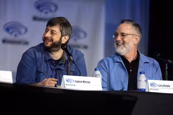 Eugene Mirman and Larry Murphy speaking at the 2022 WonderCon, for "The Bob's Burgers Movie", at the Anaheim Convention Center in Anaheim, California. Please at
