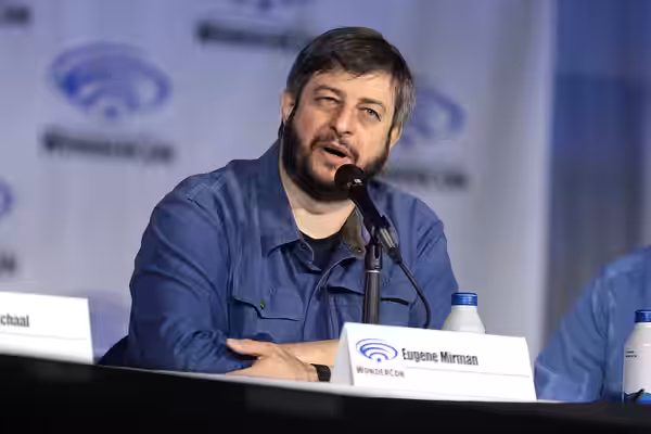 Eugene Mirman speaking at the 2022 WonderCon, for "The Bob's Burgers Movie", at the Anaheim Convention Center in Anaheim, California. Please attribute to Gage S