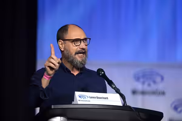 Loren Bouchard speaking at the 2022 WonderCon, for "The Bob's Burgers Movie", at the Anaheim Convention Center in Anaheim, California. Please attribute to Gage 