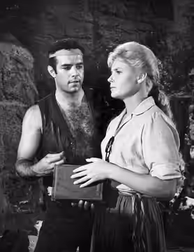 Photo of Pernell Roberts as Adam Cartwright and Anna Lisa from the television series Bonanza. Anna Lisa plays the White Buffalo Woman and the Indians think she' (1960)