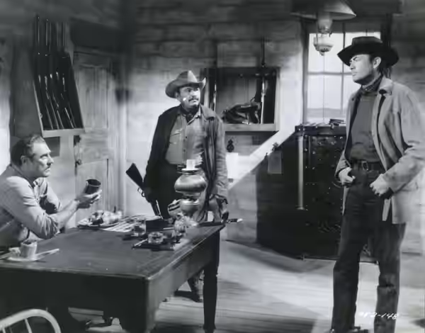 Herbert Rudley and Gregory Peck in American western film The Bravados (1958). See also film still. No copyright notice