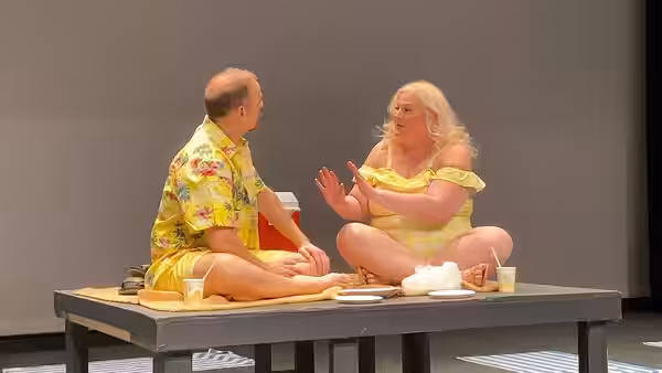 Troy Cook (Tom) and Tracy Cox (Helen) in the Final Scene of the Premiere of Matt Boehler's "Fat Pig". ©Victory Hall Opera 2022. Costume design by Caroline Cook.