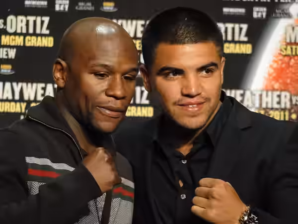 Floyd Mayweather and Victor Ortiz during thier press conference at the Hudson Theatre on June 28, 2011.