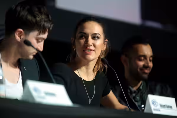 Tasya Teles speaking at the 2018 WonderCon, for "The 100", at the Anaheim Convention Center in Anaheim, California. Please attribute to Gage Skidmore if used el