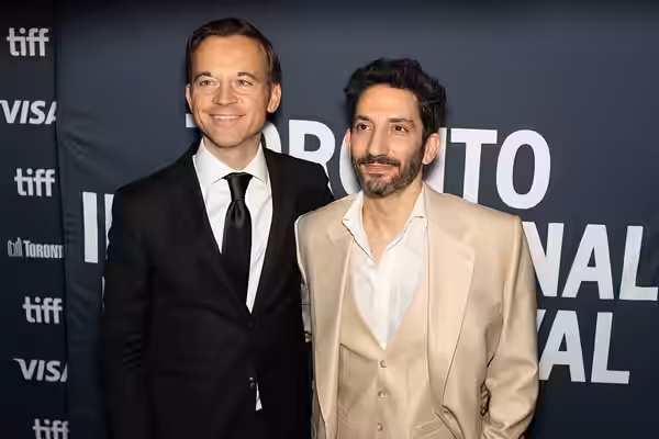 Lorenzo De Maio and Juan Minujín, producer and actor respectively of the film 'Without Blood', at the 2024 Toronto International Film Festival