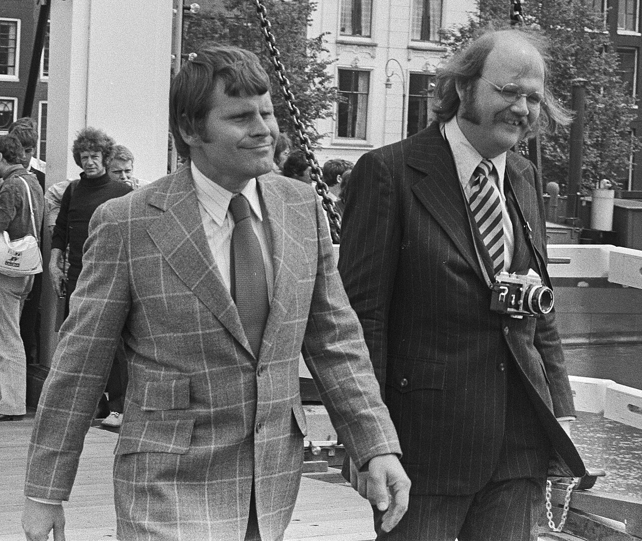 Bruce Glover as Mr. Wint (left) and Putter Smith as Mr. Kidd (right) during filming of Diamonds Are Forever. (1971)