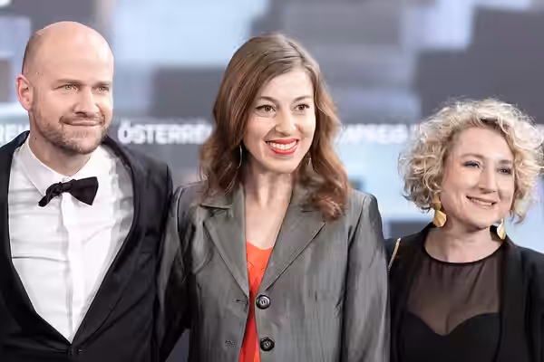 Members of the filmteam of "Angelo", l.t.r.: Lukas Miko (actor), Larisa Faber (actress) and Tanja Hausner (costume design), photo call at the Austrian Film Awar (2019)