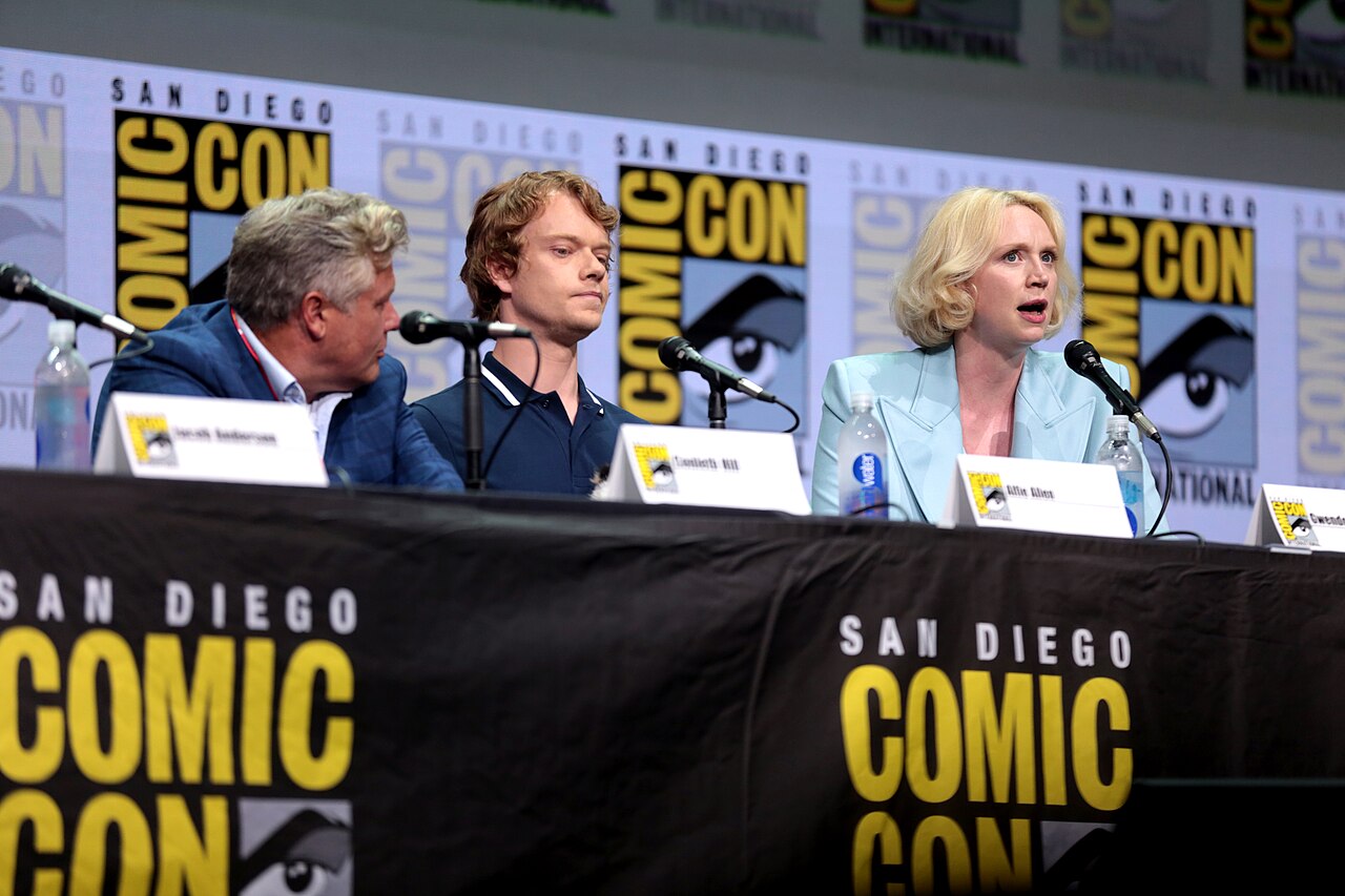 Conleth Hill, Alfie Allen and Gwendoline Christie speaking at the 2017 San Diego Comic Con International, for "Game of Thrones", at the San Diego Convention Cen
