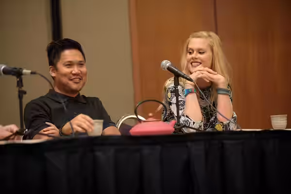 Dante Basco and Janet Varney speaking at the 2014 Comic Media Expo, for "The Legend of Korra" and "Avatar: The Last Airbender", at the Mesa Convention Center in