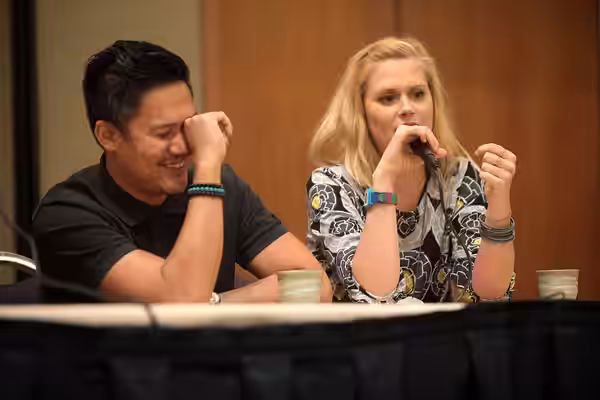 Dante Basco and Janet Varney speaking at the 2014 Comic Media Expo, for "The Legend of Korra" and "Avatar: The Last Airbender", at the Mesa Convention Center in