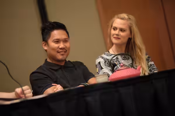 Dante Basco and Janet Varney speaking at the 2014 Comic Media Expo, for "The Legend of Korra" and "Avatar: The Last Airbender", at the Mesa Convention Center in