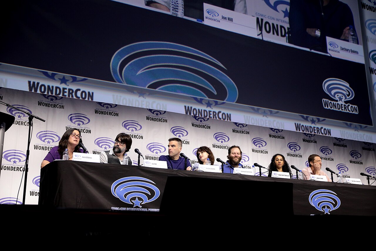 Jami O'Brien, Joe Hill, Zachary Quinto, Ashleigh Cummings, Olafur Darri Olafsson, Jahkara Smith and Ebon Moss-Bachrach speaking at the 2019 WonderCon, for "NOS4