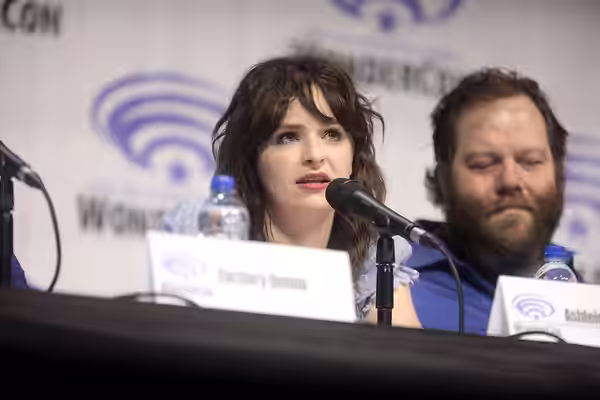 Ashleigh Cummings and Olafur Darri Olafsson speaking at the 2019 WonderCon, for "NOS4A2", at the Anaheim Convention Center in Anaheim, California. Please attrib
