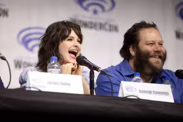 Ashleigh Cummings and Olafur Darri Olafsson speaking at the 2019 WonderCon, for "NOS4A2", at the Anaheim Convention Center in Anaheim, California. Please attrib