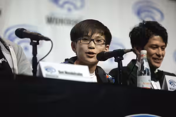 Philip Zhao speaking at the 2018 WonderCon, for "Ready Player One", at the Anaheim Convention Center in Anaheim, California. Please attribute to Gage Skidmore i