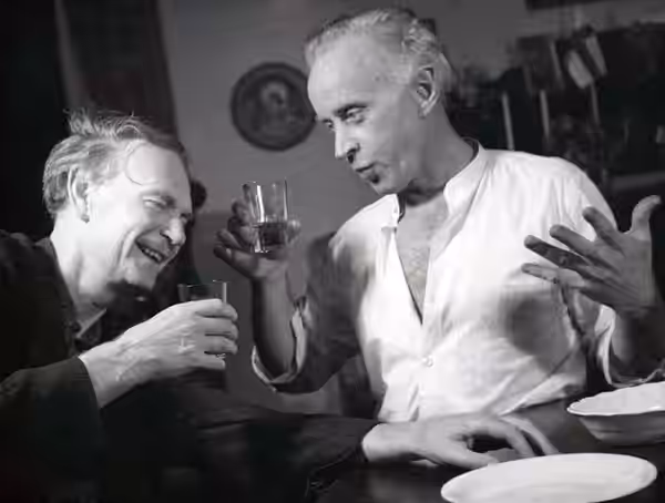 Einar Axelsson (left) & Anders Henrikson in the Dramaten's play Fabian öppnar portarna (Fabian Opens the Gates) - publicity still (cropped) (1949)