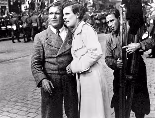 The German cinematographers Sepp Allgeier (1895–1968), left, and Leni Riefenstahl (1902–2003) during the shootings at Nazi party rally 1934 for the movie Triump