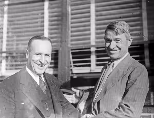 Seattle Mayor Charles L. Smith (left) with Will Rogers, circa 1935. Rogers took off for his ill-fated Alaska trip in 1935 from the Renton, Washington airport, j