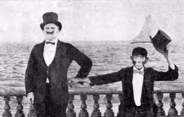 Still from the American silent comedy film The Playhouse (1921) with Edward F. Cline and Buster Keaton, page 62 of the December 1921 Photoplay. (2013)
