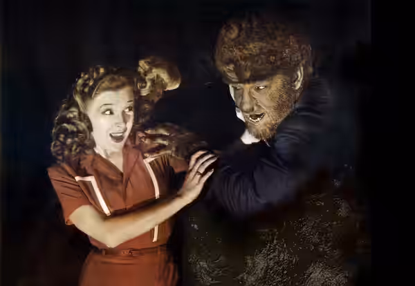 Lobby card for Universal Studios' The Wolf Man featuring Lon Chaney Jr as the title character. This image is assumed to be in the public domain as no copyright  (1948)