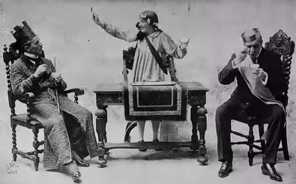 Act III of 'Pollyanna' (1915): John Pendleton (Philip Merivale), Pollyanna (Patricia Collinge), Dr. Chilton (Herbert Kelcey)
