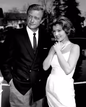 Photo of Richard Denning as Michael Shayne and guest star Patricia Crowley from the television program Michael Shayne. (1961)