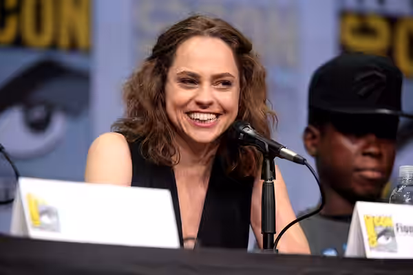 Fiona Dourif and Mpho Koaho speaking at the 2017 San Diego Comic Con International, for "Dirk Gently's Holistic Detective Agency", at the San Diego Convention C
