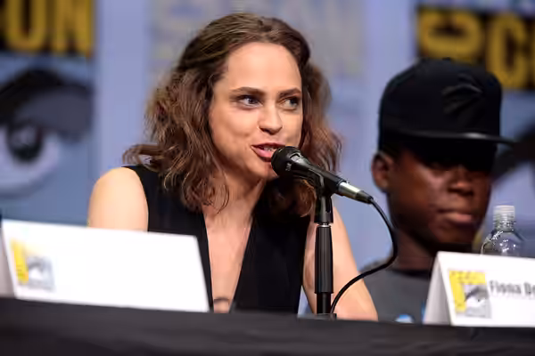 Fiona Dourif and Mpho Koaho speaking at the 2017 San Diego Comic Con International, for "Dirk Gently's Holistic Detective Agency", at the San Diego Convention C