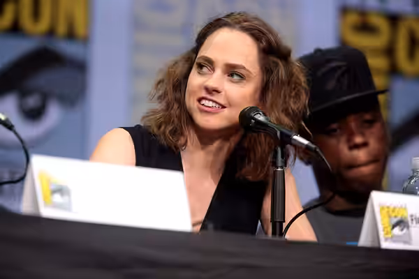 Fiona Dourif and Mpho Koaho speaking at the 2017 San Diego Comic Con International, for "Dirk Gently's Holistic Detective Agency", at the San Diego Convention C