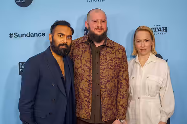 Himesh Patel, Evan Twohy, and Sarah Goldberg at the 2025 Sundance Film Festival for the movie Bubble &amp; Squeak.
