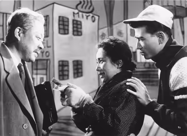 From left to right: Eijirō Yanagi, Akiko Tamura and Keiji Sada in Honjitsu kyūshin (本日休診) directed by Minoru Shibuya - 1952