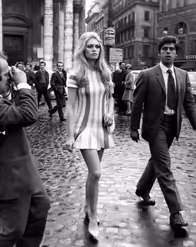 A atriz Brigitte Bardot caminha pelas ruas de Roma quando de sua estadia na cidade para as gravações do filme Les Femmes, em abril de 1969.
