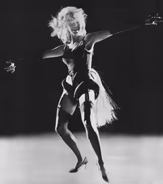 Salome Jens dancing while playing the role of Elyane, a prostitute dressed as a horse, in Jean Genet's The Balcony during a 1960 Off-Broadway production of the (1961)