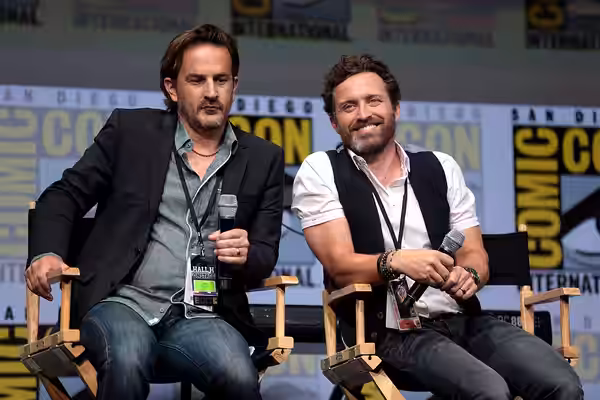 Richard Speight, Jr. and Rob Benedict speaking at the 2017 San Diego Comic Con International, for "Supernatural", at the San Diego Convention Center in San Dieg